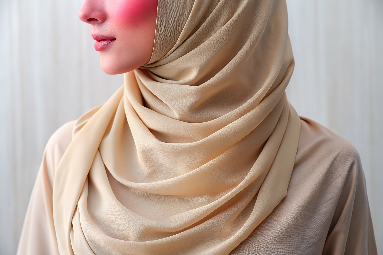 A close-up shot of a draped hijab in a soft, neutral beige color, made from a lightweight chiffon fabric with visible, delicate folds and a subtle sheen, set against a blurred, plain background in warm tones to emphasize the fabric’s elegance and texture.