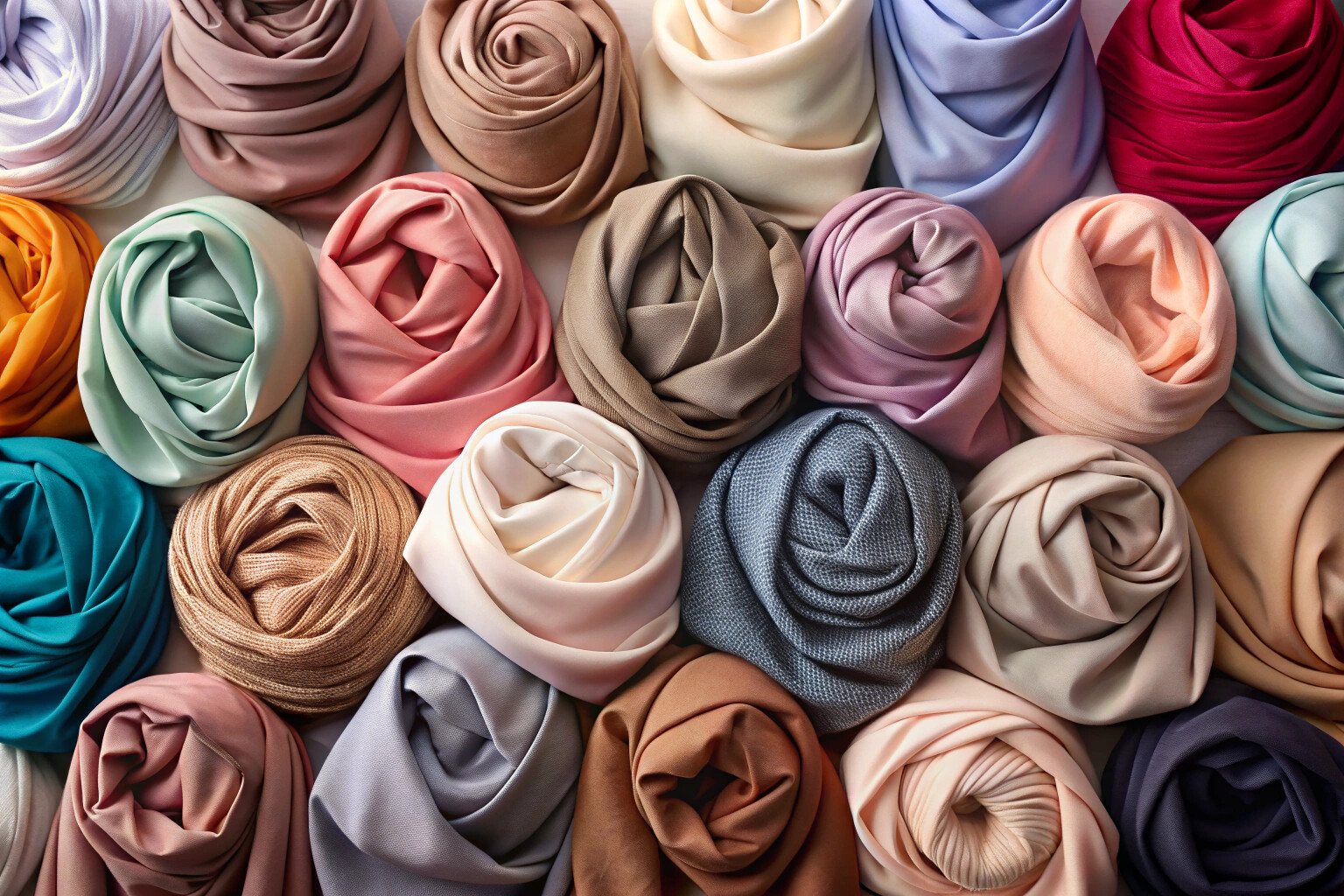 A flat lay arrangement of multiple hijabs in assorted colors and textures, showcasing different fabrics like chiffon, cotton, and jersey, with soft folds and natural shadows on a plain background