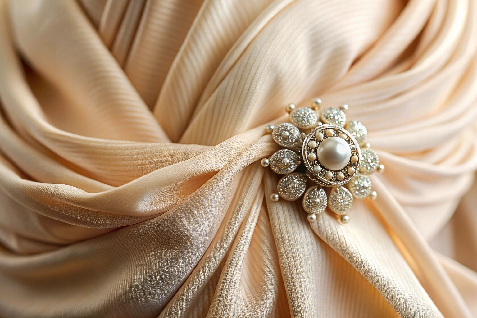 A detailed close-up of a draped hijab in a soft cream-colored fabric, featuring an ornate silver brooch with crystal accents and small pearl-tipped pins arranged elegantly along the folds, set against a softly blurred background with warm, golden lighting highlighting the textures.