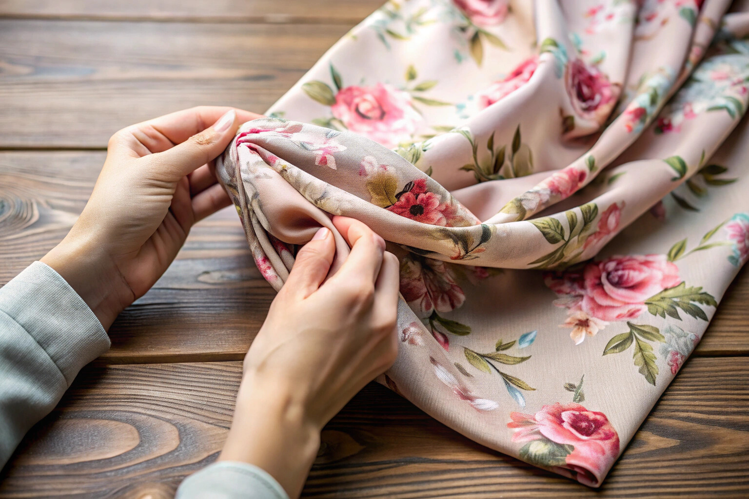A close-up of a hand gently folding a soft, floral-printed hijab on a wooden surface, showing the texture and delicate edges without any text or branding