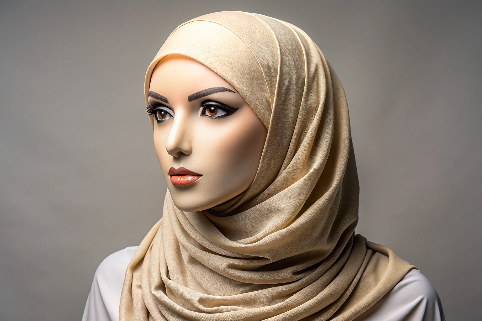 A draped hijab in a soft, neutral tone like cream or light brown, styled loosely over a mannequin head with gentle folds and no visible pins or accessories, set against a muted background to emphasize the fabric’s flow and elegance.