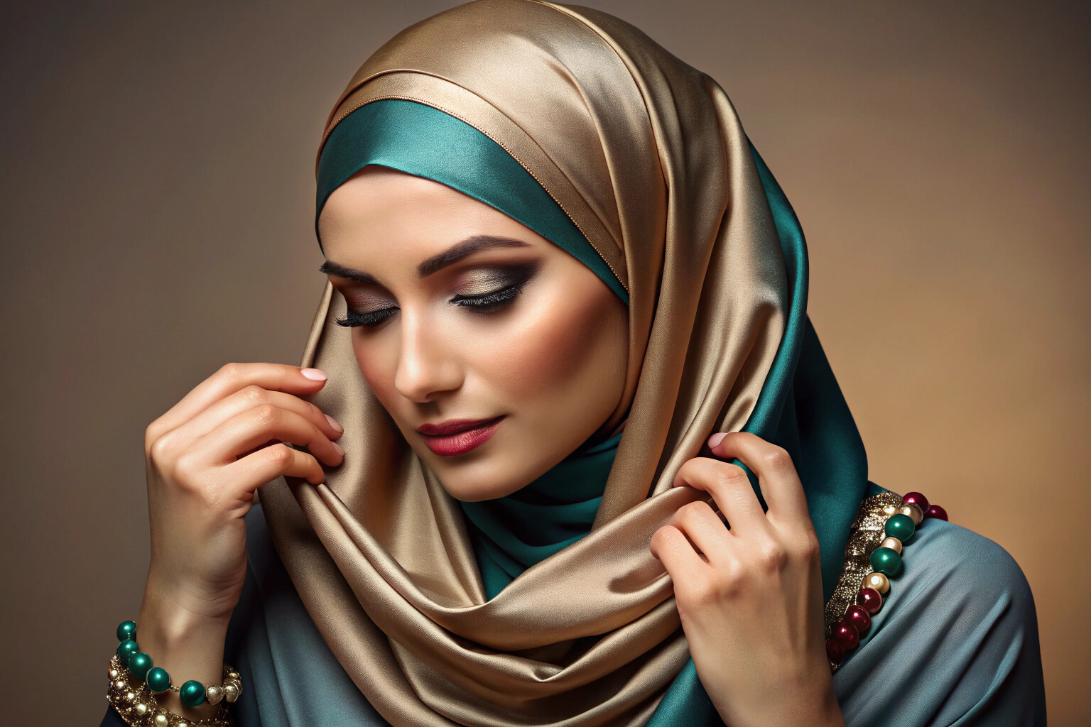 A close-up shot of a Muslim woman adjusting a beautifully draped hijab in a rich, jewel-toned fabric, with soft lighting highlighting the texture and folds, set against a plain, neutral background.
