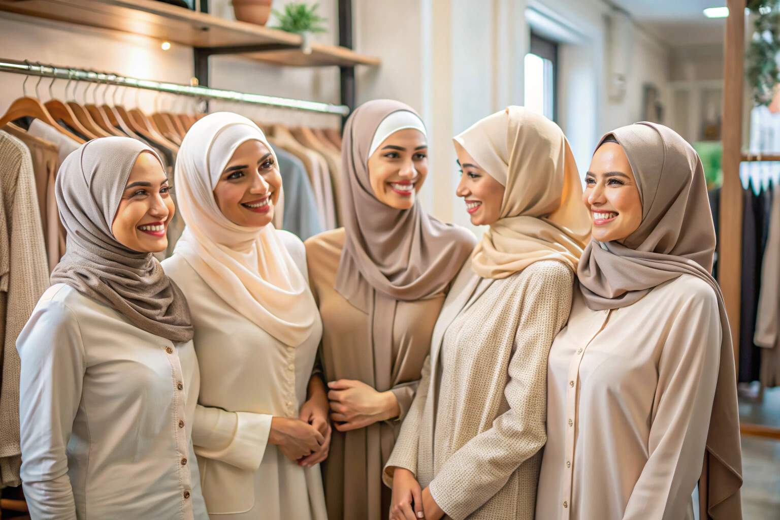 A diverse group of Muslim women smiling and interacting in a cozy boutique setting, surrounded by racks of elegant clothing in neutral tones, with soft natural lighting creating a warm and inviting atmosphere.